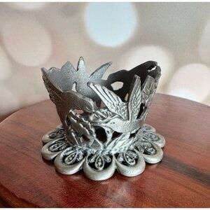 Vintage Pewter Hummingbird Candle Holder – Ornate Floral Design